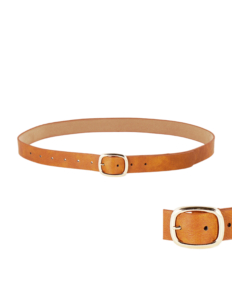 Front of a size One Size Round Square Buckle Belt Brown in BROWN by Cocoboo. | dia_product_style_image_id:315114